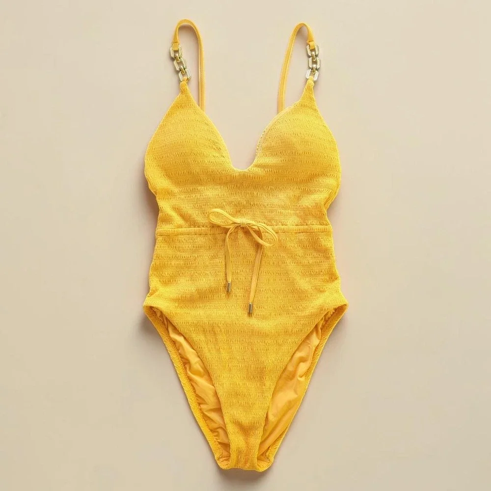Trina Turk Smocked One Piece Cabana Tie Waist Swimsuit Sz 6 Mango